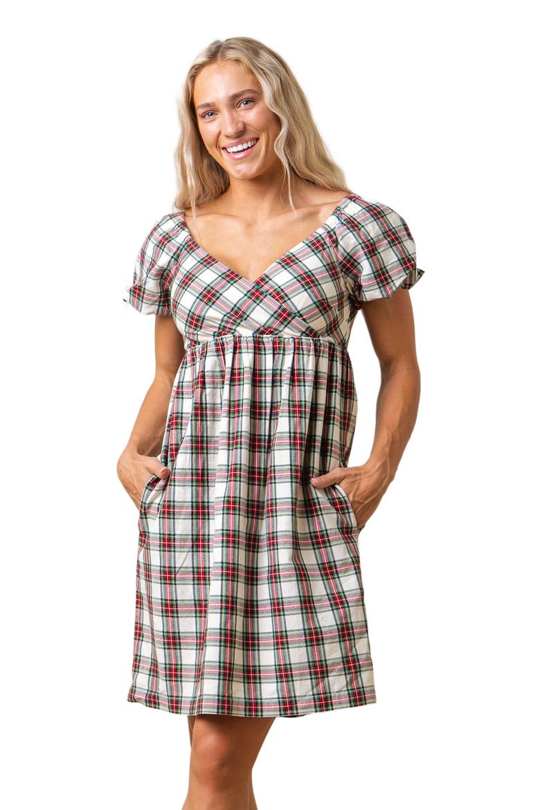 Women's Organic Puff Sleeve Crossover Dress, Alternate, color, Ivory Holiday Tartan