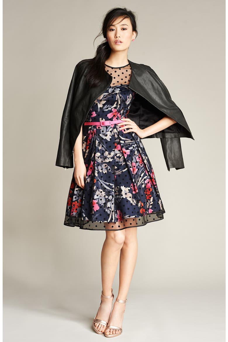 Illusion Yoke Mesh & Faille Fit & Flare Dress, Alternate, color, PRINT BLACK