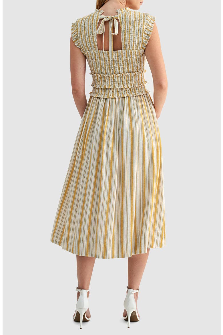 Smocked Tie Back Sleeveless Midi Dress, Alternate, color, MUSTARD STRIPE