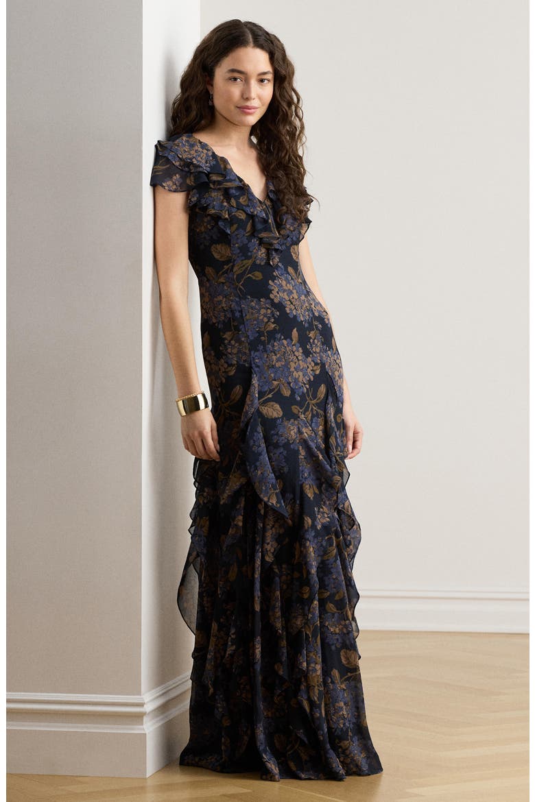 Floral Georgette Maxi Dress, Alternate, color, NAVY BLUE/ MULTI