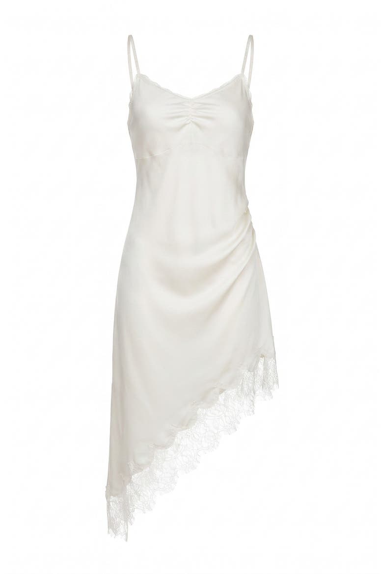 Asymmetric Satin Slip Dress with Lace Trim, Alternate, color, White