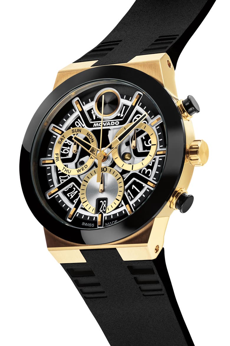 Bold Fusion Skeleton Chronograph Silicone Strap Watch, 44.5mm, Alternate, color, BLACK