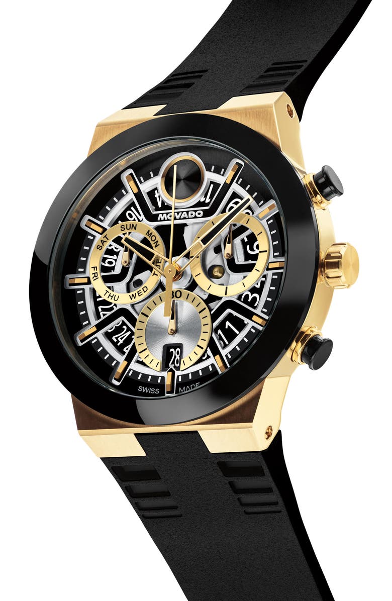 Movado Bold Fusion Skeleton Chronograph Silicone Strap Watch, 44.5mm, Alternate, color,