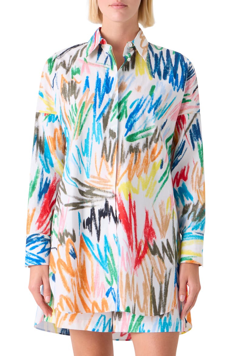 Scribble Print Oversize Cotton Poplin Tunic Button-Up Shirt, Main, color, CREAM-MULTI