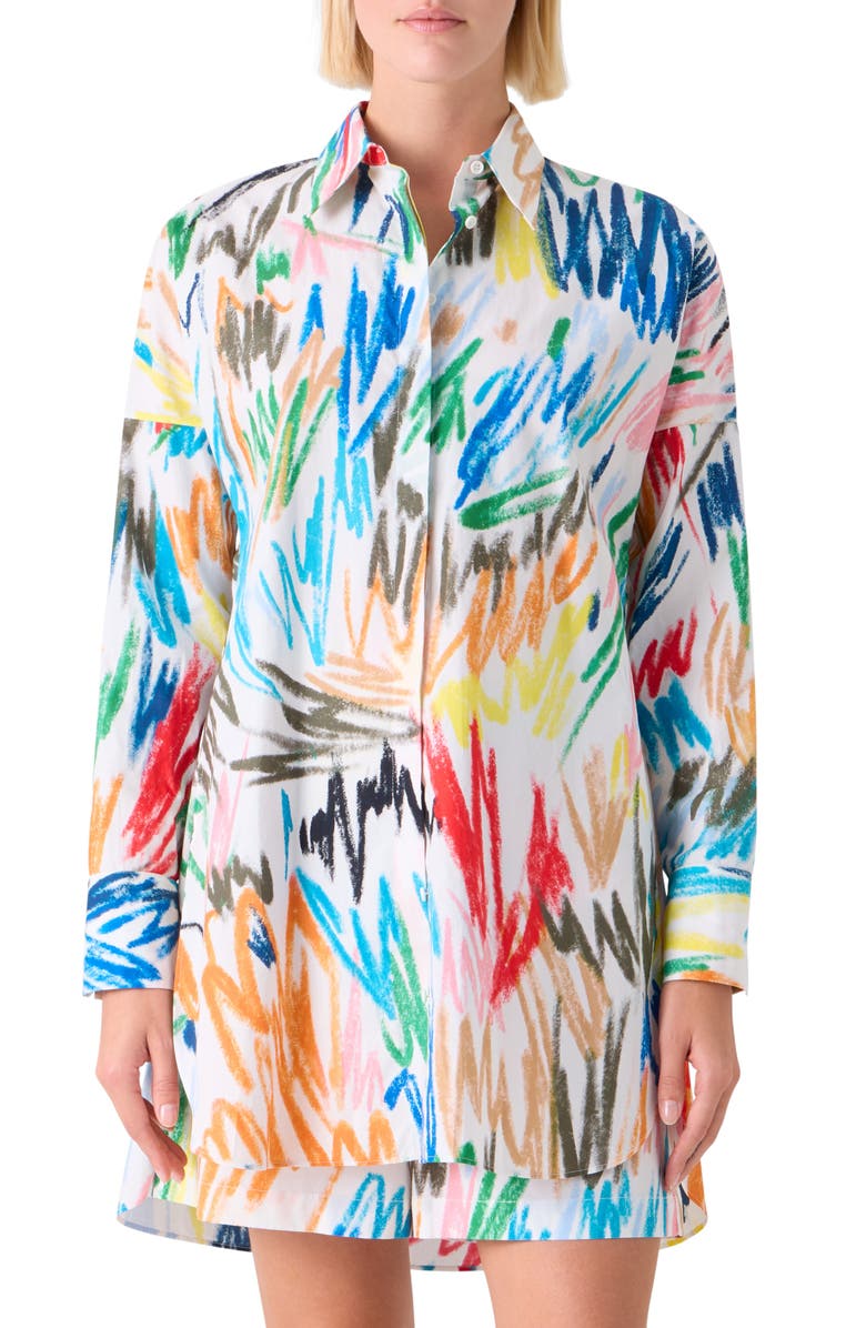 Akris punto Scribble Print Oversize Cotton Poplin Tunic Button-Up Shirt, Main, color, Cream-Multi