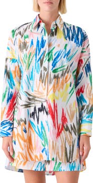 Akris punto Scribble Print Oversize Cotton Poplin Tunic Button-Up Shirt
