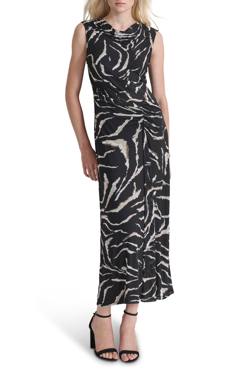 DKNY Cowl Neck Sleeveless Ruched Mesh Maxi Dress, Main, color, 