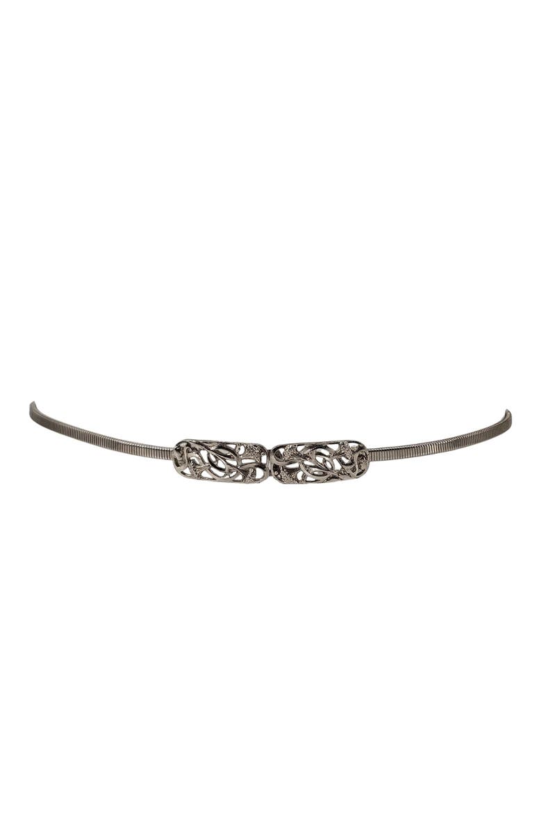 Vintage 1970s Silvertone Bright Floral Buckle Stretch Snake Belt., Alternate, color, Silver