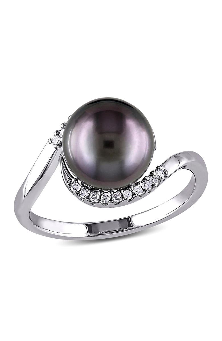 DELMAR Sterling Silver Diamond & 9 - 9.5mm Black Tahitian Pearl Ring - 0.08ctw, Main, color, Black