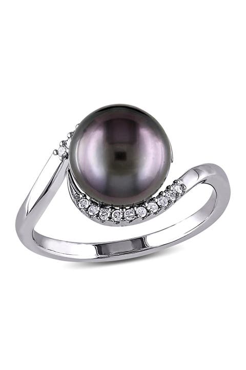 Sterling Silver Diamond & 9 - 9.5mm Black Tahitian Pearl Ring - 0.08ctw