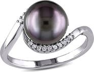 DELMAR Sterling Silver Diamond & 9 - 9.5mm Black Tahitian Pearl Ring - 0.08ctw