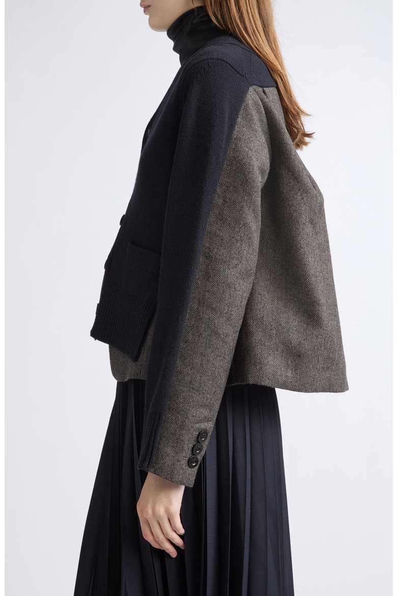 Herringbone Paneled Wool Cardigan, Alternate, color, NAVY/ BROWN