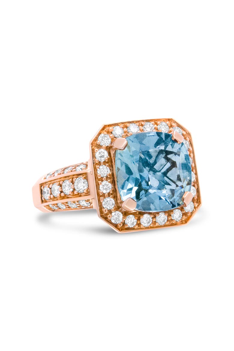 18K Gold Aquamarine & 1 1/8 Cttw Diamond Halo Ring, Alternate, color, Yellow