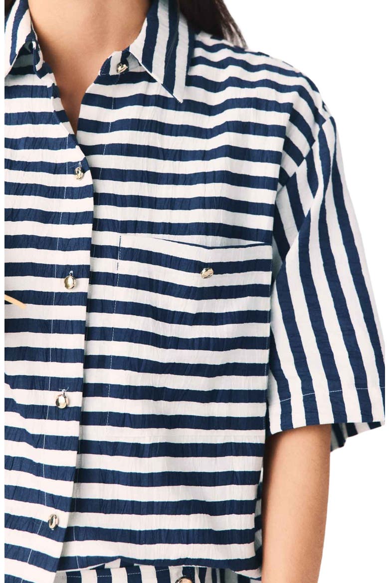 Cropped linen-blend shirt, Alternate, color, White/blue
