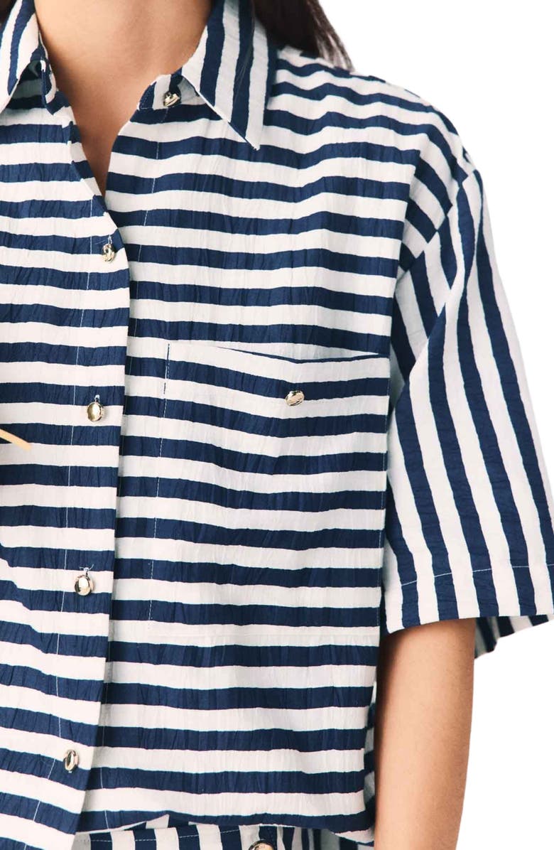 maje Cropped linen-blend shirt, Alternate, color, White/Blue