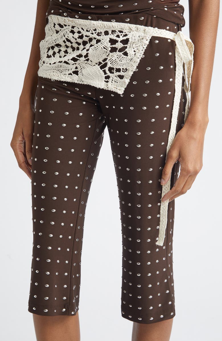 Siedrés Gianna Lace Overlay Studded Jersey Capri Pants, Alternate, color, Brown
