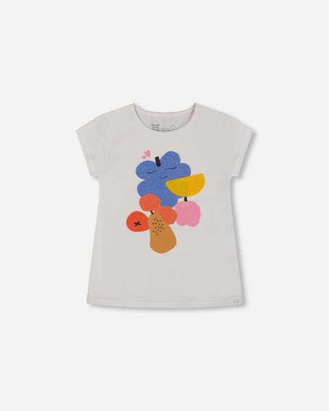 Deux Par Deux Organic Cotton Tee With Puff Sleeve - Pink Flower On White Background