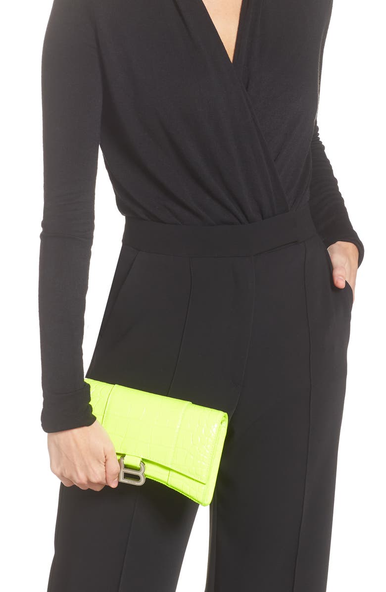 Balenciaga Hourglass Croc Embossed Leather Wallet on a Chain, Alternate, color, 