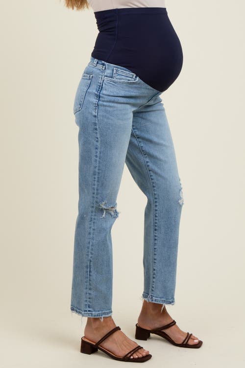 Pinkblush Distressed Open Knee Ankle Straight Leg Maternity Jeans In Blue