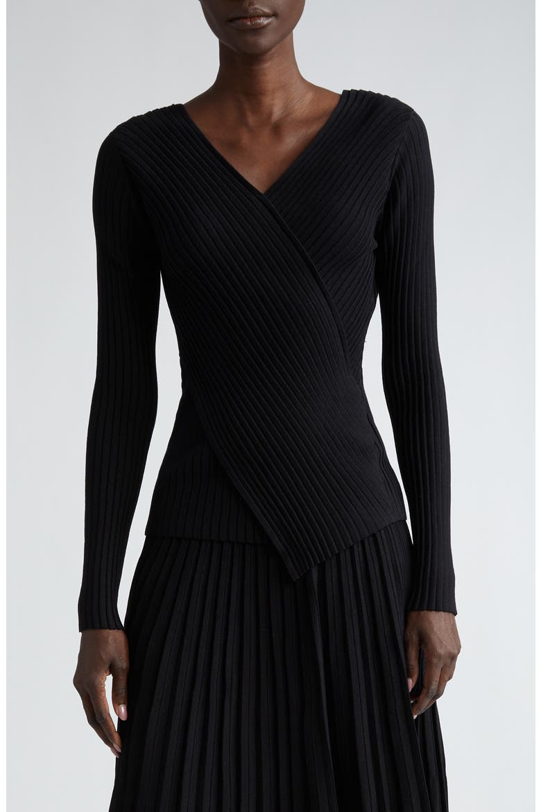 Wrap Front V-Neck Rib Sweater, Main, color, BLACK
