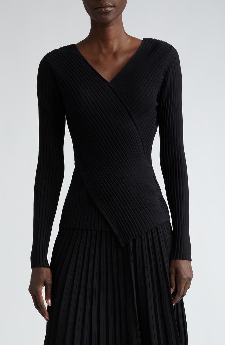 Lafayette 148 New York Wrap Front V-Neck Rib Sweater, Main, color,