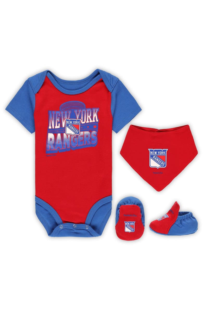 Mitchell & Ness Infant Mitchell & Ness Red/Blue New York Rangers Big Score 3-Pack Bodysuit, Bib and Bootie Set, Main, color, Red