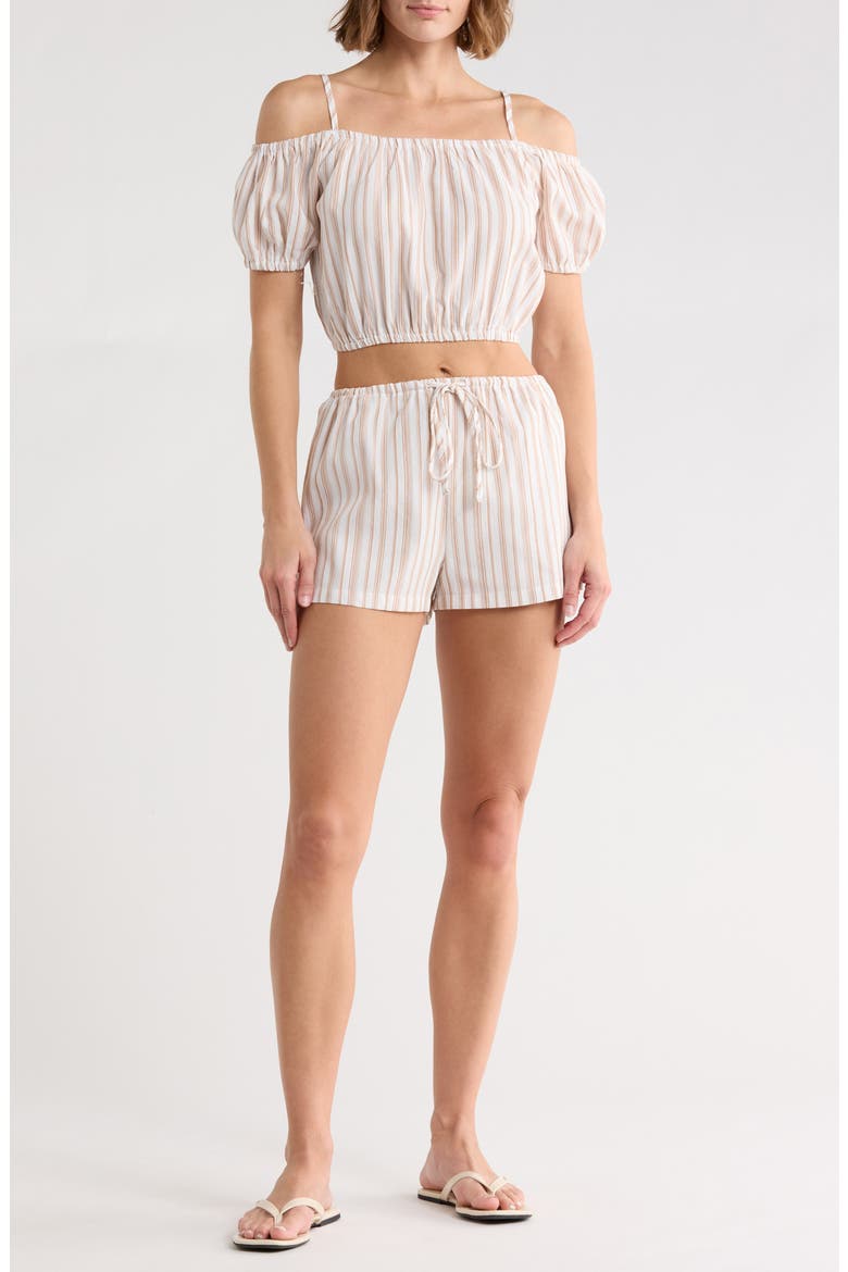 Stripe Puff Sleeve Cold Shoulder Crop Top & Shorts Set, Main, color, TAUPE IVORY