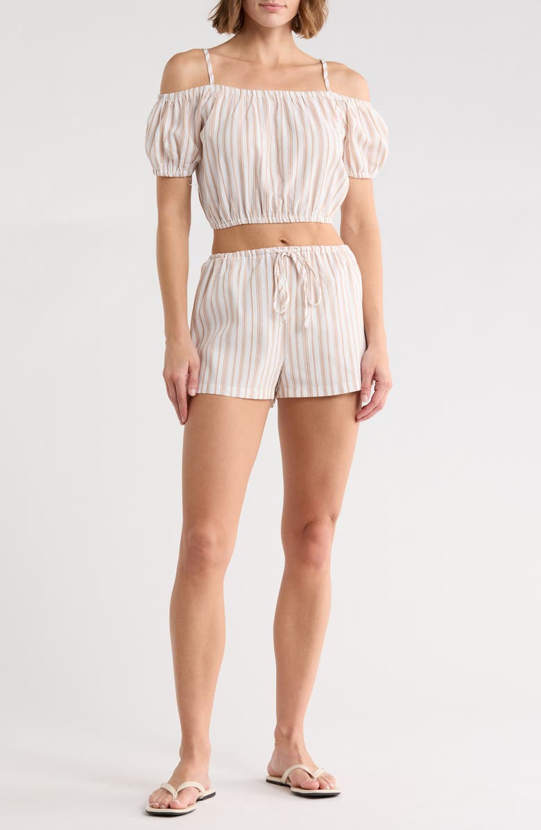 Madden Girl Stripe Puff Sleeve Cold Shoulder Crop Top & Shorts Set, Main, color, Taupe Ivory