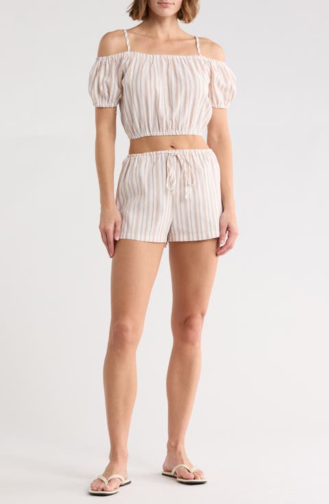 Stripe Puff Sleeve Cold Shoulder Crop Top & Shorts Set