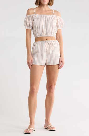 Stripe Puff Sleeve Cold Shoulder Crop Top & Shorts Set
