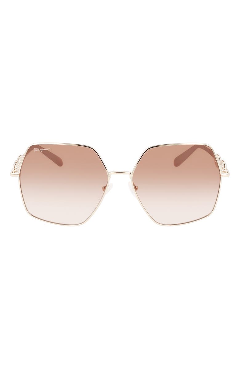 FERRAGAMO Gancini 61mm Gradient Rectangular Sunglasses, Main, color, Gold Tortoise