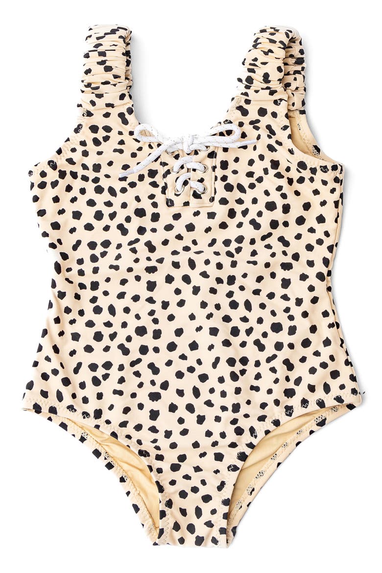 Kids' Dalmatian Leopard Lace-Up One-Piece UPF 50+ Swimsuit, Main, color, BROWN