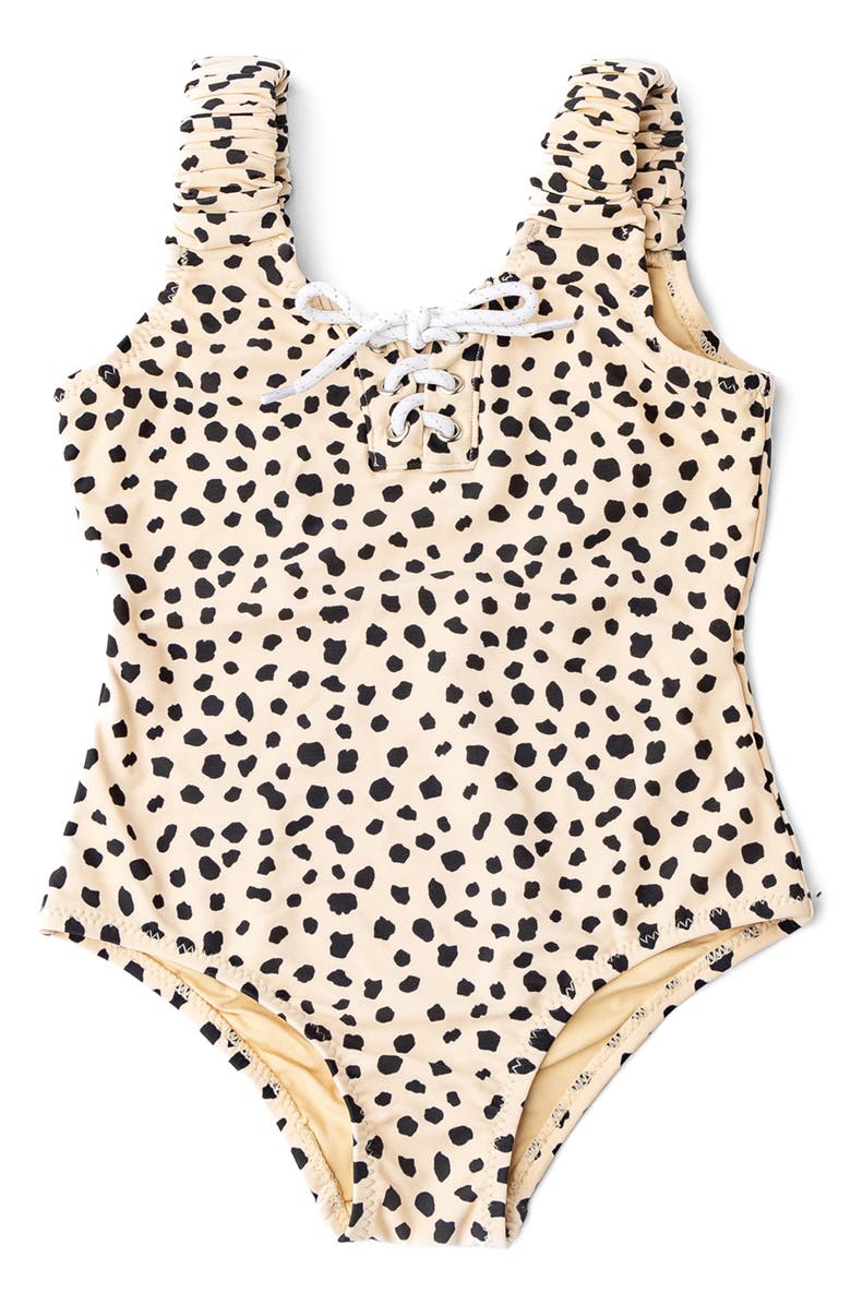 Shade Critters Kids' Dalmatian Leopard Lace-Up One-Piece UPF 50+ Swimsuit, Main, color, Brown