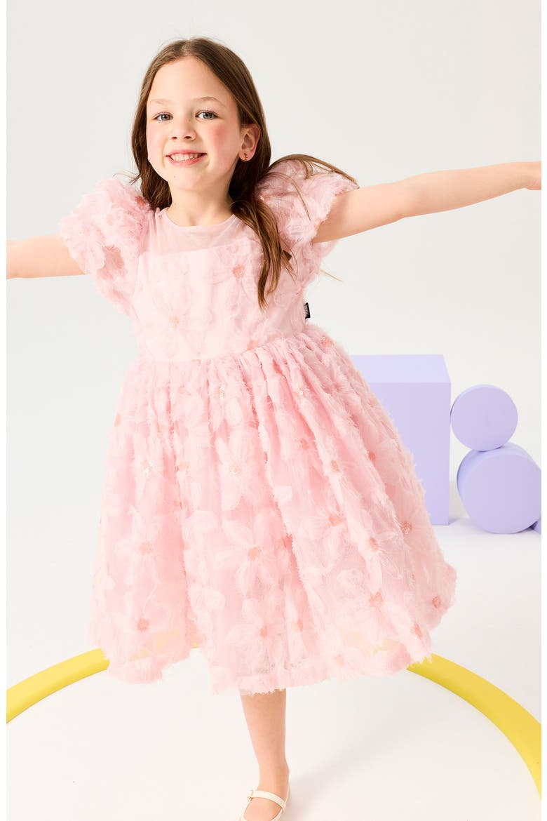 Kids' 3D Floral Puff Sleeve Tulle Party Dress, Alternate, color, SOFT PINK