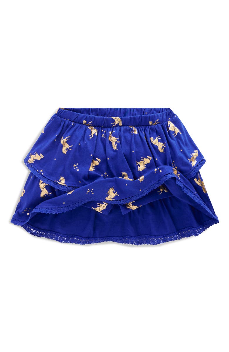 Mini Boden Kids' Printed Lace Trim Tiered Skort, Alternate, color, Sapphire Blue Horses