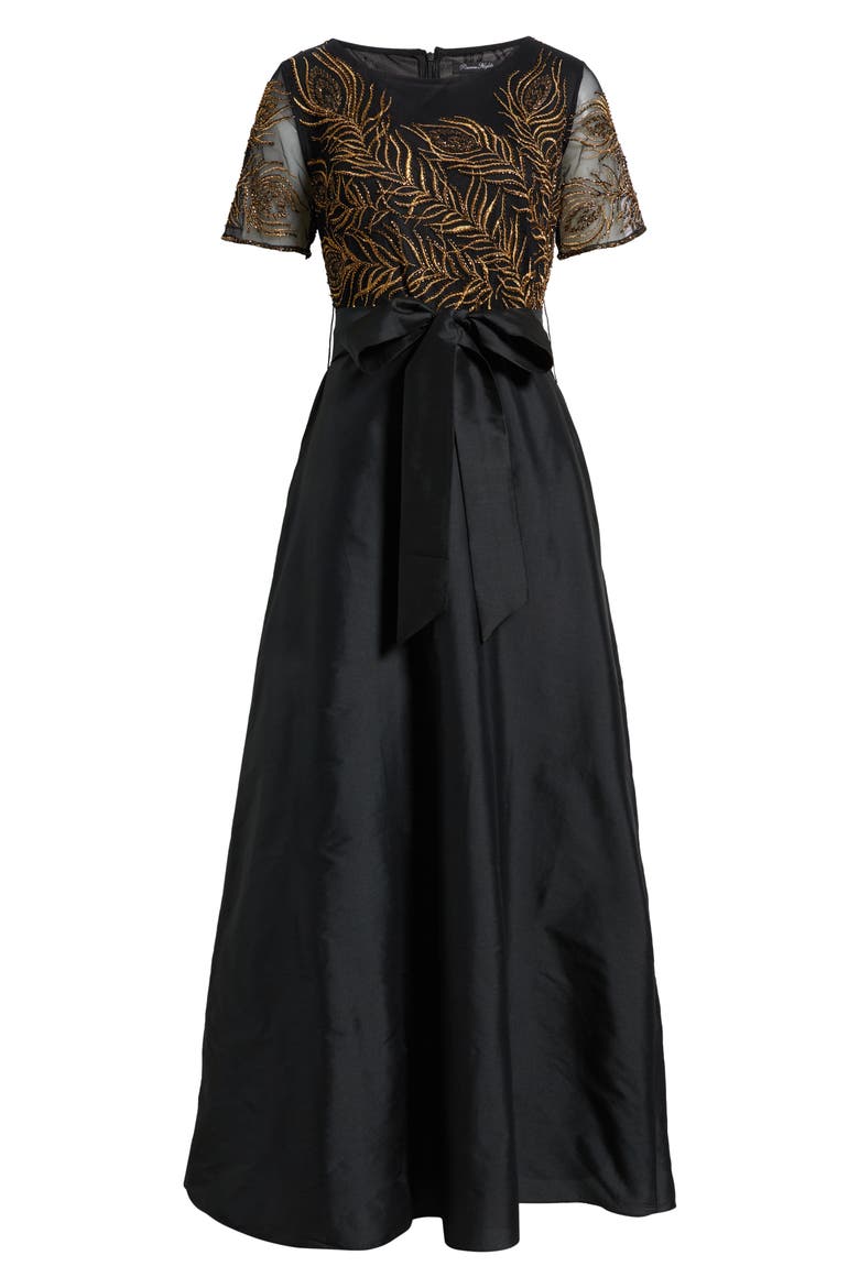 Beaded Embroidered Short Sleeve Taffeta A-Line Gown, Alternate, color, BLACK/ GOLD