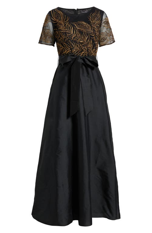 Pisarro Nights Beaded Embroidered Short Sleeve Taffeta A-line Gown In Black