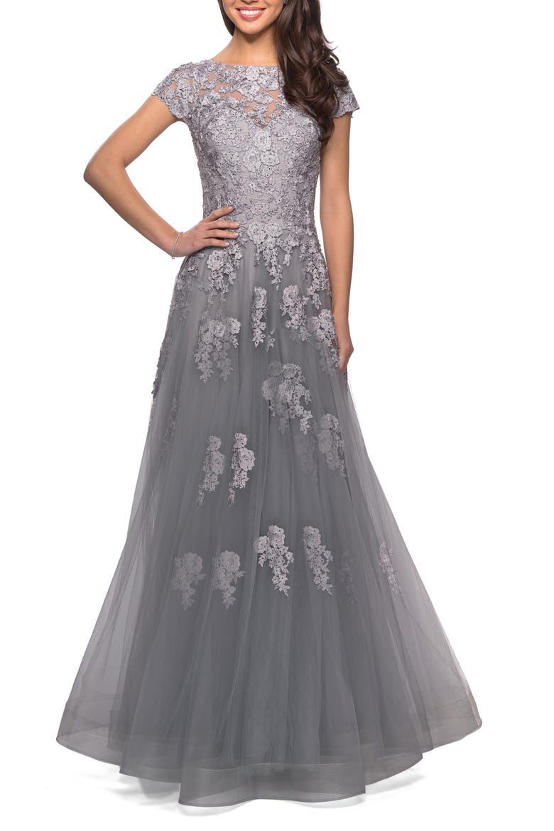Long Tulle Gown with Intricate Lace Detailing, Main, color, Silver