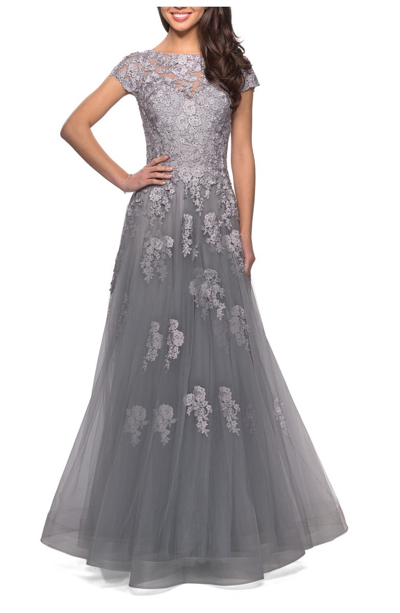La Femme Long Tulle Gown with Intricate Lace Detailing, Main, color, Silver