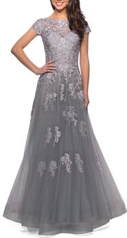La Femme Long Tulle Gown with Intricate Lace Detailing