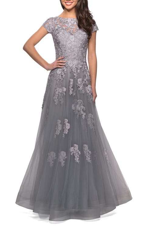 La Femme Long Tulle Gown With Intricate Lace Detailing In Silver