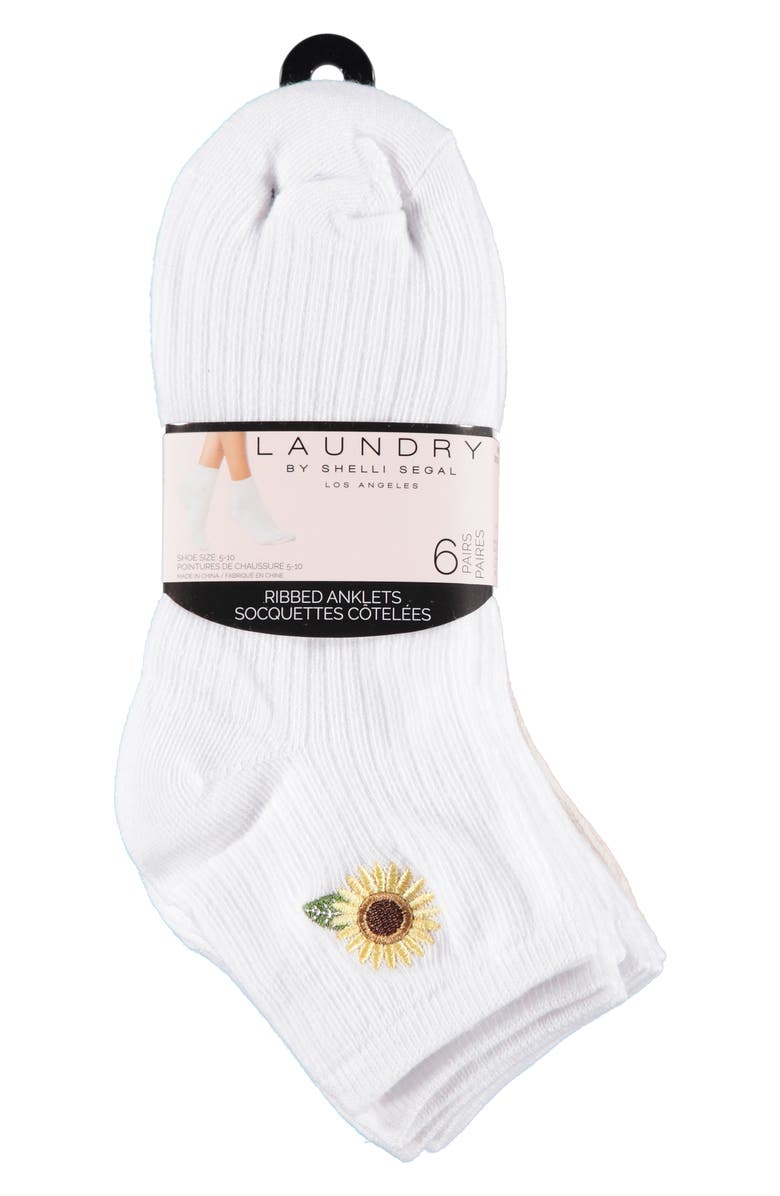 Laundry by Shelli Segal 6-Pack Embroidered Rib Anklet Socks, Alternate, color, White/ Oatmeal Heather