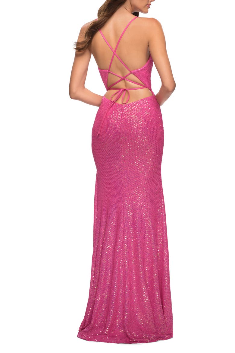 Open Back Wrap Style Sequin Dress in Neon Pink, Alternate, color, HOT PINK