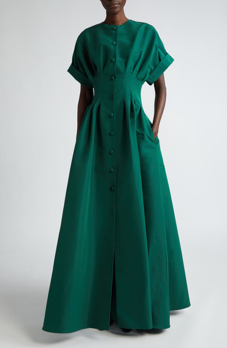 Cuffed Short Sleeve Button-up Silk Faille Gown in Spruce Green Cuffed Short Sleeve Button-up Silk Faille Gown in Spruce Green