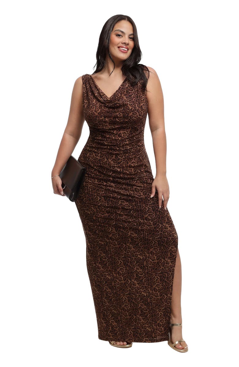 Popilush Shapewear Cowl Neck Leopard Ruched Sculpting Maxi Dress, Alternate, color, Leopard Brown