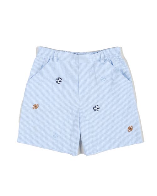 Florence Eiseman Kids' Check Seersucker Short With Embroidered Sport Balls In Blue