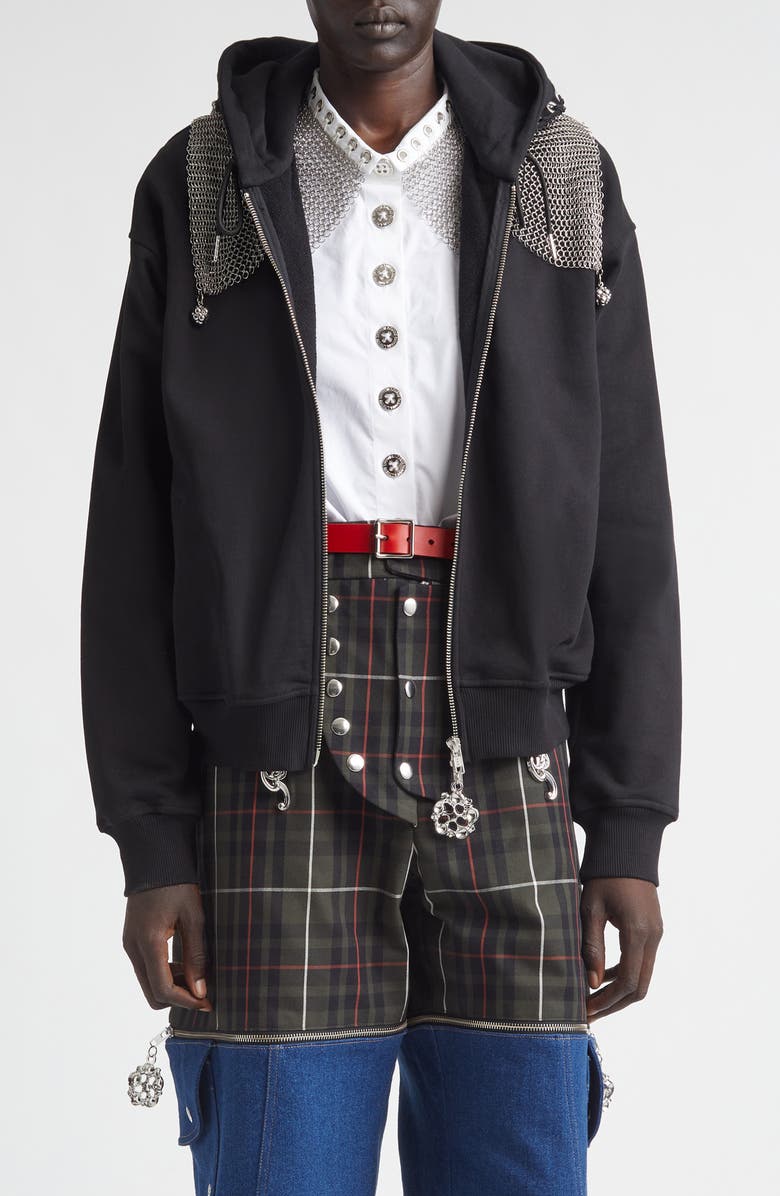 Chopova Lowena Titan Chain Mail Full Zip Fleece Hoodie, Main, color, Black And Silver