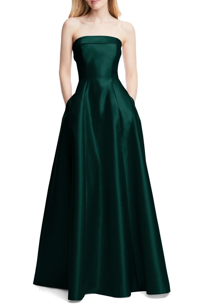 Alfred Sung Strapless Cuff Satin Gown, Main, color, Evergreen