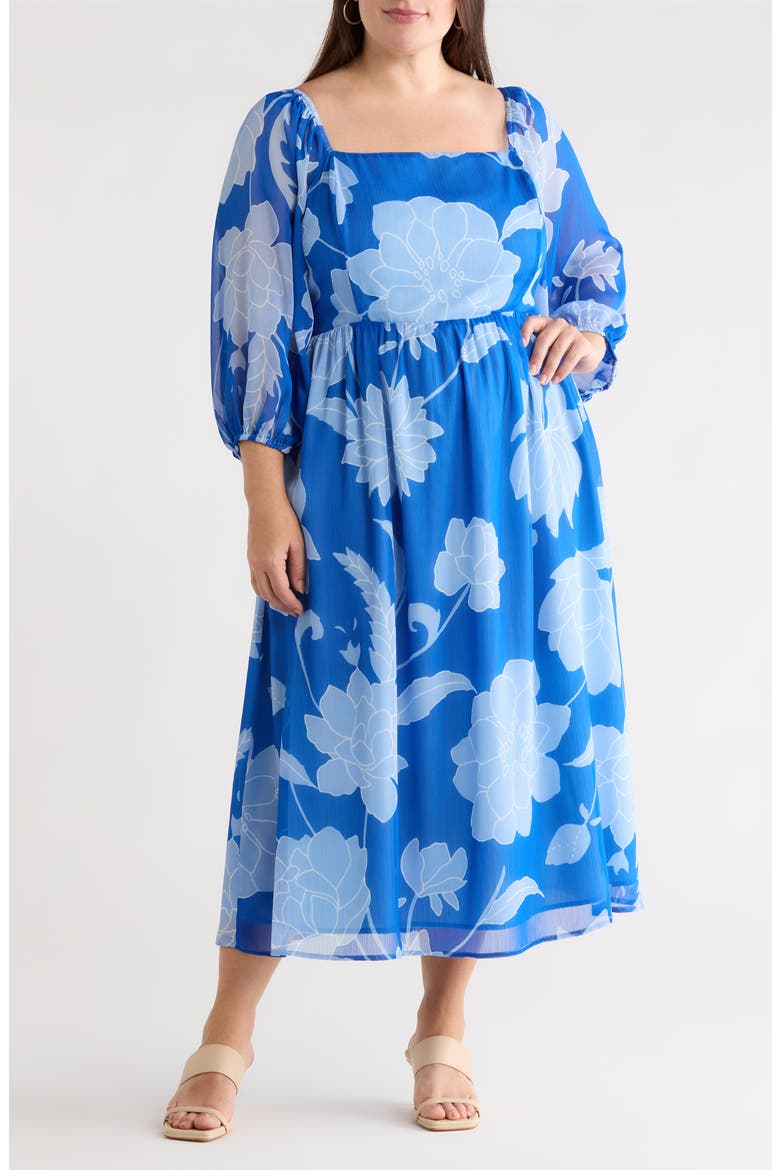 Seabloom Floral Amaretto Puff Long Sleeve Dress, Main, color, COBALT-BLUE