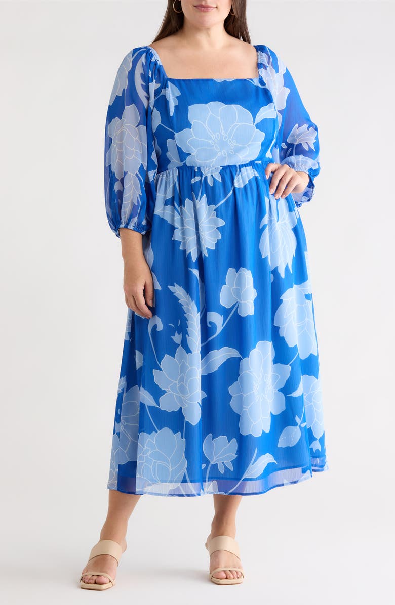 SUGARLIPS Seabloom Floral Amaretto Puff Long Sleeve Dress, Main, color, Cobalt-Blue